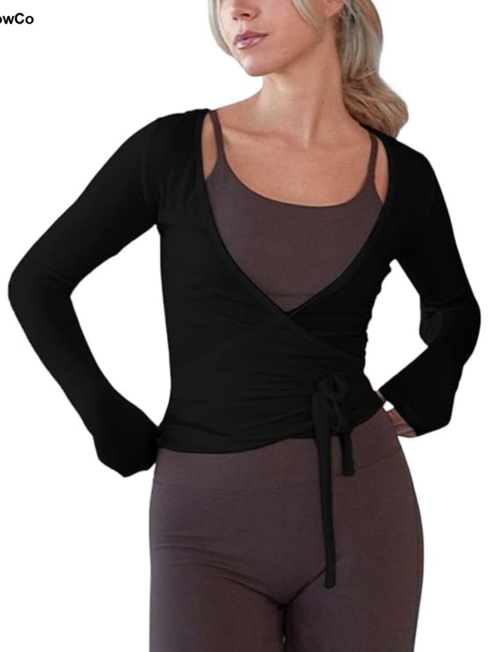 Long Sleeve V Neck Crop Top Tie Front Slim Fit Women's Shrug Cardigan